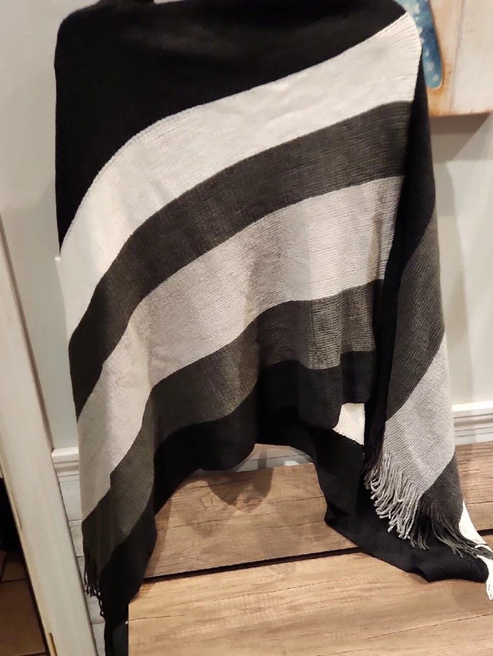 Black and White Striped Throw Shawl - Lightweight Fringe Accent